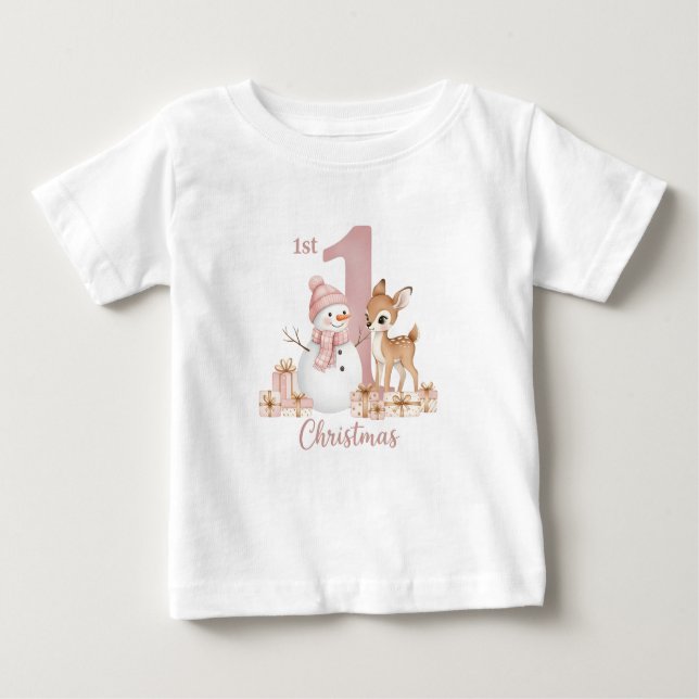 Baby Girl First Christmas Snowman Deer T Shirt (Framsida)