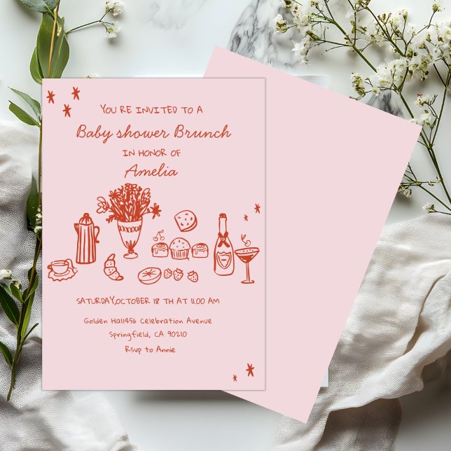 Baby Girl  Hand Drawn Baby Shower Brunch Inbjudningar (Skapare uppladdad)