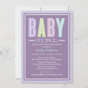Baby Girl Lavender Fettypografi Babykalas Inbjudningar