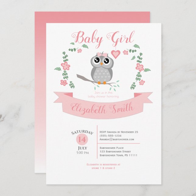 Baby Girl owl bear babyshower Inbjudningar (Fram/baksida)