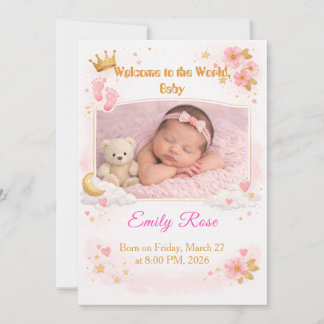 Baby Girl Photo Announcement Card Pink Floral Inbjudningar
