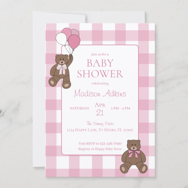 Baby Girl Pink and White Teddy Bear Baby Shower Inbjudningar (Framsida)