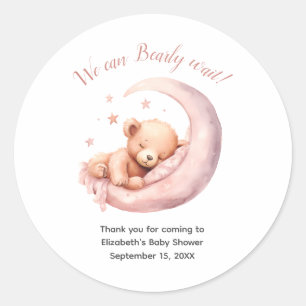Baby Girl Pink Bear Moon Nästan Väntar Baby Shower Runt Klistermärke