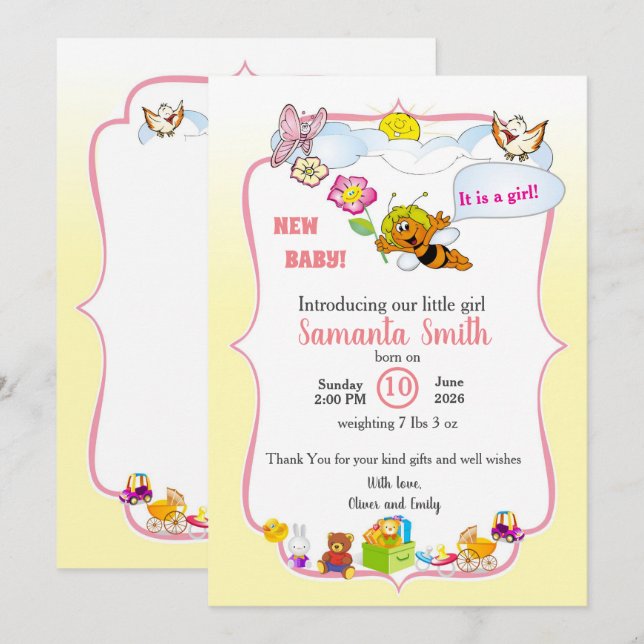 baby girl shower invitation with a cute bee inbjudningar (Fram/baksida)