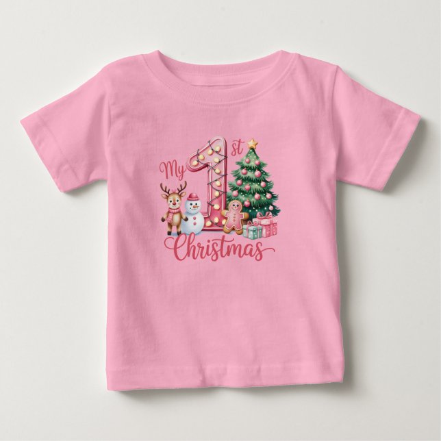 Baby Girl's First Christmas Pink T Shirt (Framsida)