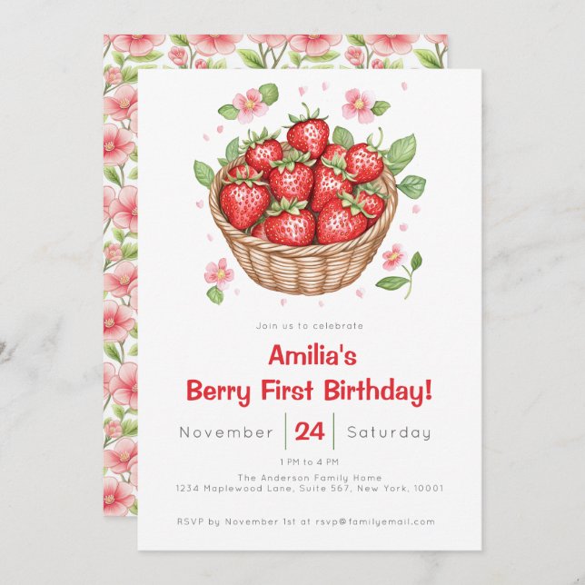 Baby Girls Strawberry Berry First Birthday  Inbjudningar (Fram/baksida)