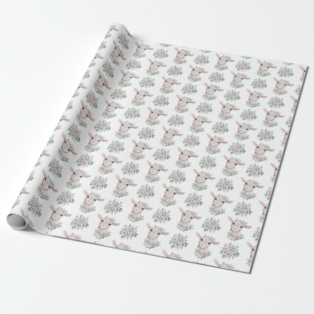 Baby Goat Blommigt Wrapping Papprare Presentpapper (Utrullad)
