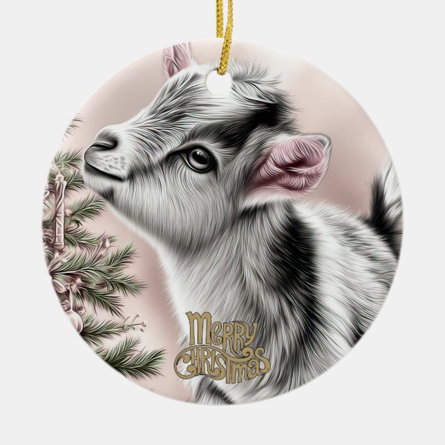 Baby Goat Christmas 13 and YOUR PHOTO Julgransprydnad Keramik (Framsidan)