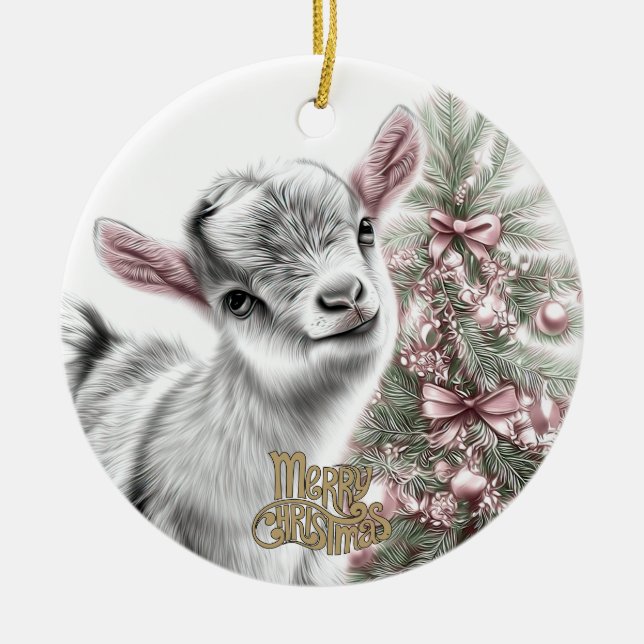 Baby Goat Christmas 14 and YOUR PHOTO Julgransprydnad Keramik (Framsidan)