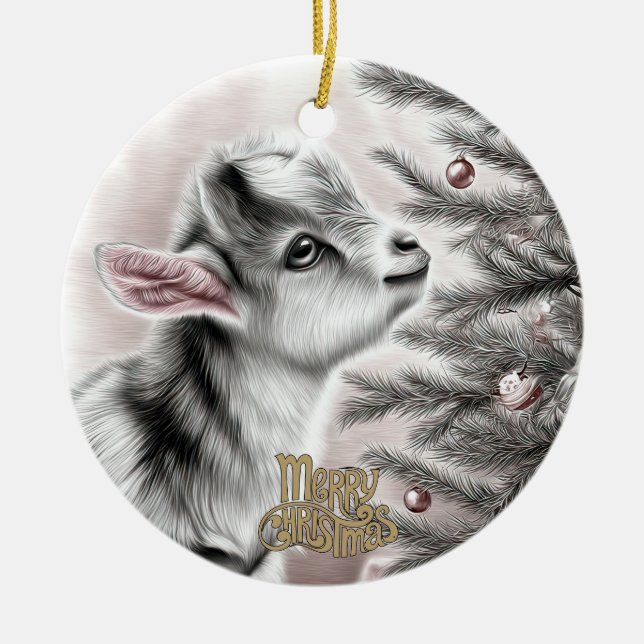 Baby Goat Christmas 19 and YOUR PHOTO Julgransprydnad Keramik (Framsidan)