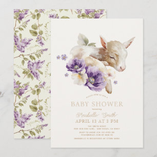 Baby Goat Lila Blommigt Baby Shower Inbjudningar