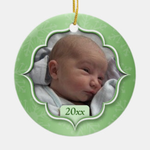 Baby görar grön första jul fotoprydnaden julgransprydnad keramik