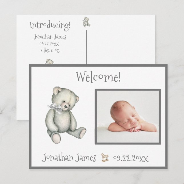 Baby Grått Neutralt Typography Namn Stats Meddelande Vykort (Fram/baksida)