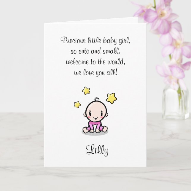 Baby Grattis Card W. Text & Girl's Namn, Kort (Orkide)