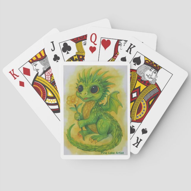 Baby Green Dragon Bringing A Flower Playing Cards Casinokort (Baksidan)