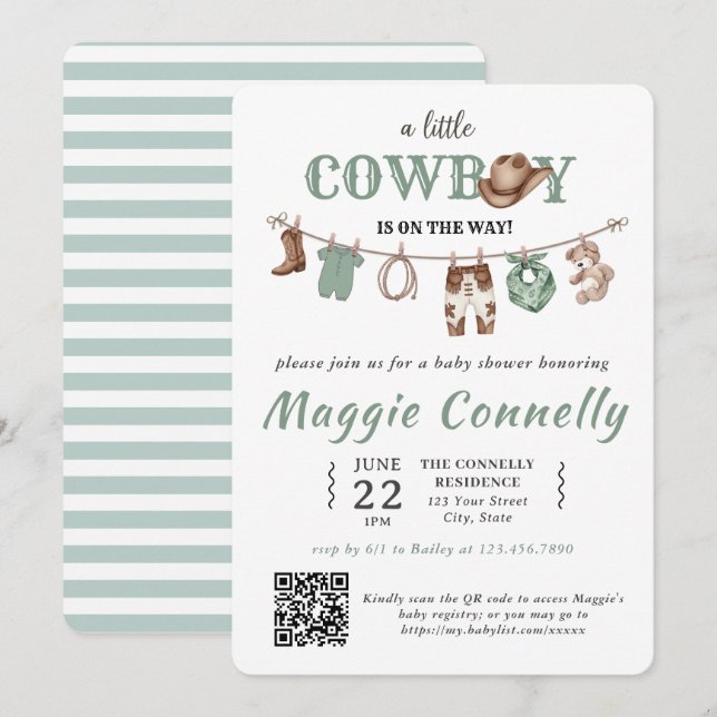 Baby Green Little Cowboy is on the Way Invitation Inbjudningar (Fram/baksida)