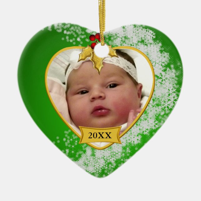 Baby grön snöig jul för fotominnessak julgransprydnad keramik (Framsidan)