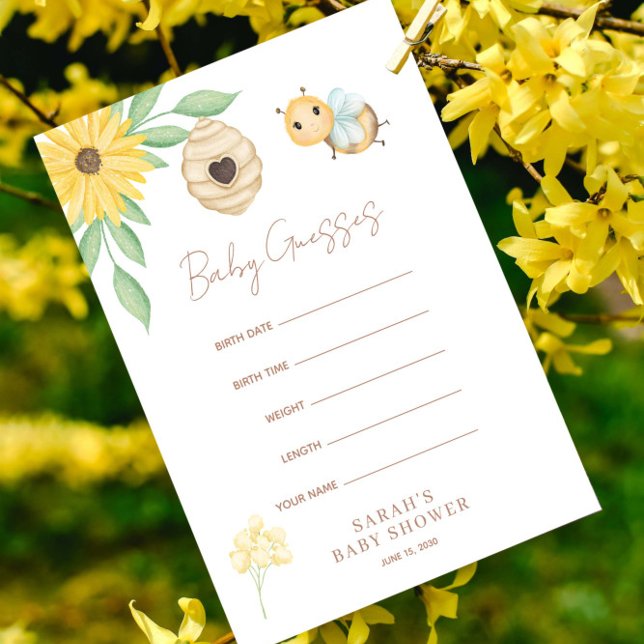 Baby Guesses Cute Watercolor Bumblebee Baby Shower Rådkort (Bee our guest for a sweet celebration!)