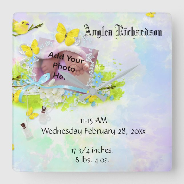 Baby gula fågel och fjärilsfotoram fyrkantig klocka (Framsida)