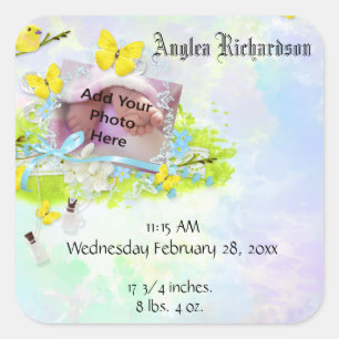 Baby Gult Bird and Butterfly Photo Ram Fyrkantigt Klistermärke