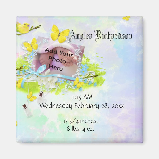 Baby Gult Bird and Butterfly Photo Ram Magnet (Framsidan)