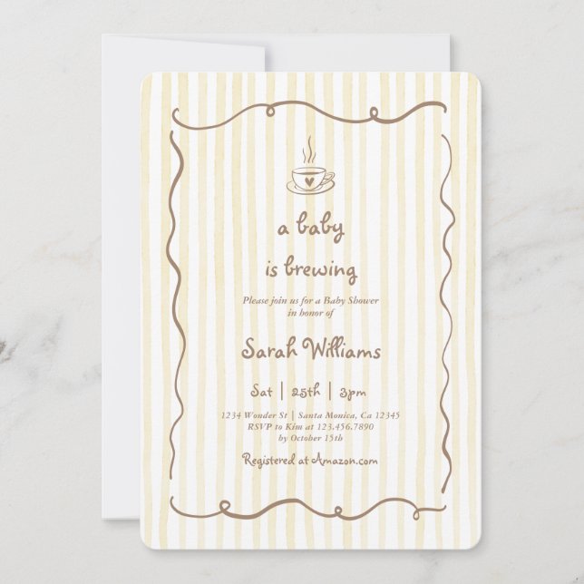 Baby håller på att blåsa inbjudan till babyskor (Framsida)