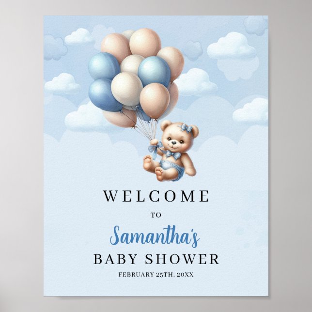 Baby har blå elfenbensballonger Baby Shower Välkom Poster (Framsidan)