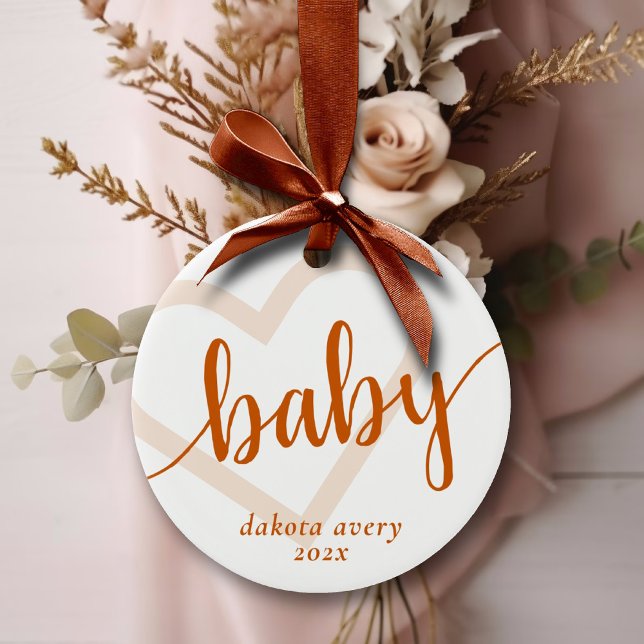 Baby Heart | Bränn Orange - blommande skript Julgransprydnad Keramik (Skapare uppladdad)
