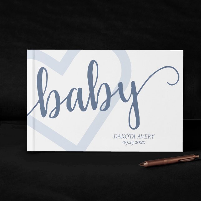 Baby Heart | Dusty Slate Blue Flourish Script Gästböcker (Skapare uppladdad)