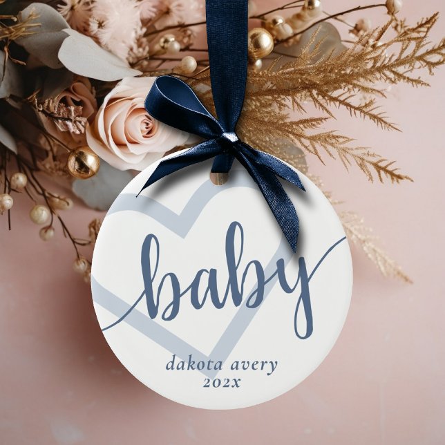 Baby Heart | Dusty Slate Blue Flourish Script Julgransprydnad Keramik (Skapare uppladdad)
