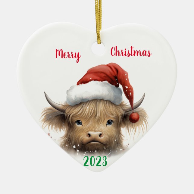 Baby Highland Cow med tomhatt Julgransprydnad Keramik (Framsidan)