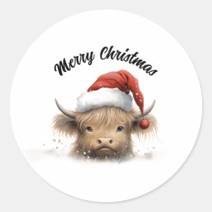 Baby Highland Cow Santa Hat Runt Klistermärke