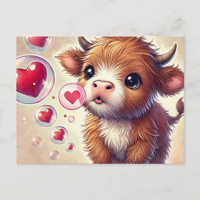 Baby Highland Cow Valentine med Bubbles Vykort (Framsida)