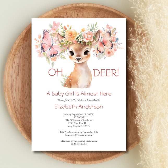 Baby Hjort Butterfly Rosa Blommigt Baby Shower Inbjudningar (Baby Deer Butterflies Watercolor Pink Florals Baby Shower Invitation Woodland animals.)