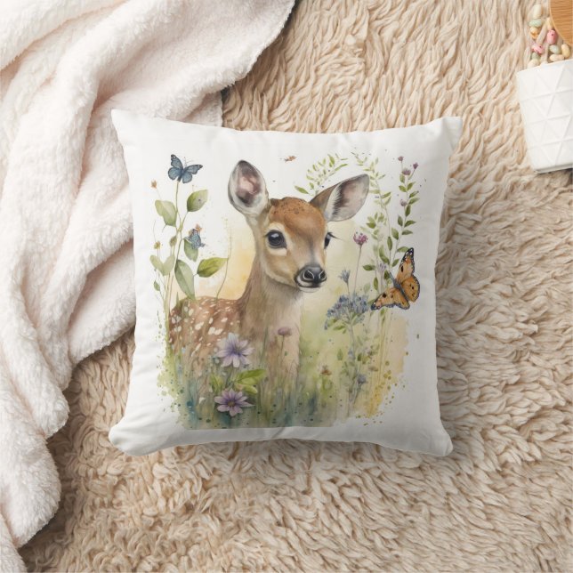 Baby Hjort Fawn Butterfly Painting Kudde (Filt)