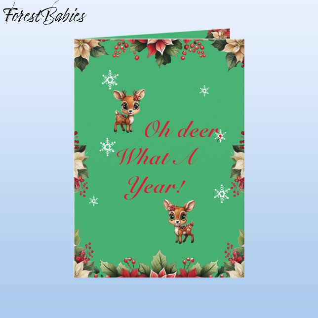 Baby Hjort, Fawn, Doe, Blommigt Reindeer 🦌 Grönt  Helgkort (ForestBabies Floral Baby Deer, Fawn, Doe, Reindeer Antler Lover, Poinsettia, Green Holiday Card 🦌🎄)