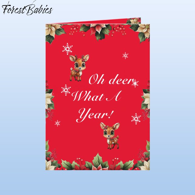 Baby Hjort, Fawn, Doe, Blommigt Reindeer 🦌 Red 🎄 Helgkort (ForestBabies Floral Baby Deer, Fawn, Doe, Reindeer Antler Lover, Poinsettia, Red Holiday Card 🦌🎄)