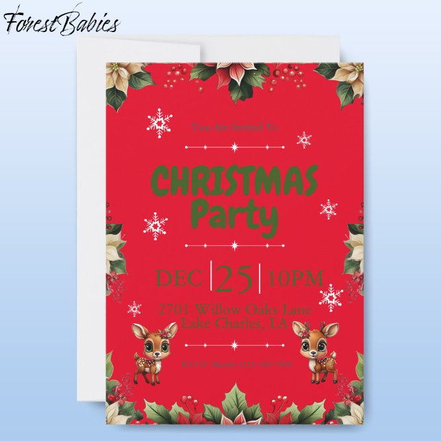 Baby Hjort, Fawn, Doe, Blommigt Reindeer 🦌 Red 🎄 Julkort (Cute Baby Floral Deer, Fawn, Doe Lover, Reindeer Antlers, Snowflake Pattern, Red Invitation 🦌 🎄)