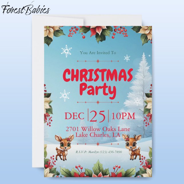 Baby Hjort, Fawn, Doe, Blommigt Reindeer 🦌 Snö Julkort (Floral Baby Deer Lover, Fawn, Doe, Floral Reindeer Snow Holiday Poinsettia Flower Invitation Card 🦌)