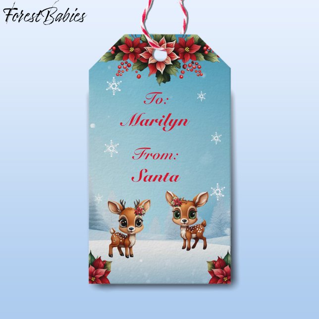 Baby Hjort, Fawn, Doe, Blommigt Reindeer 🦌 Snö Presentetikett (Floral Baby Deer, Fawn , Doe Lover, Reindeer Antlers, Festive Winter Wonderland Snow Gift Tag 🦌🎄)