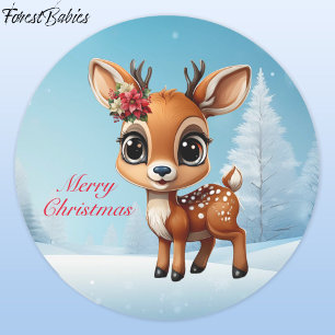 Baby Hjort, Fawn, Doe, Blommigt Reindeer 🦌 Snö Runt Klistermärke