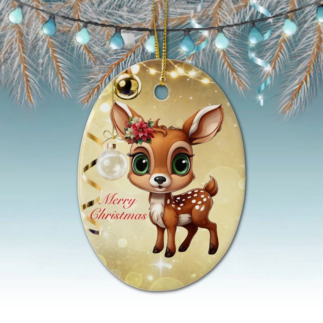 Baby Hjort, Fawn, Doe 🦌 🎄 Guld God jul Julgransprydnad Keramik (Fun deer Character Woodland Wildlife Fawn, Floral Doe Christmas Festive Gold Oval Xmas Ornament 🦌🎄)