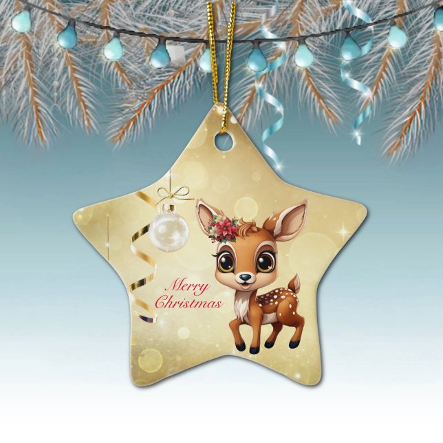 Baby Hjort, Fawn, Doe 🦌 🎄 Guld God jul Julgransprydnad Keramik (Wildlife Deer Decor Xmas Fawn, Fun Holiday Doe Cute Animal Merry Christmas 
Gold Star Ornament 🦌🎄)