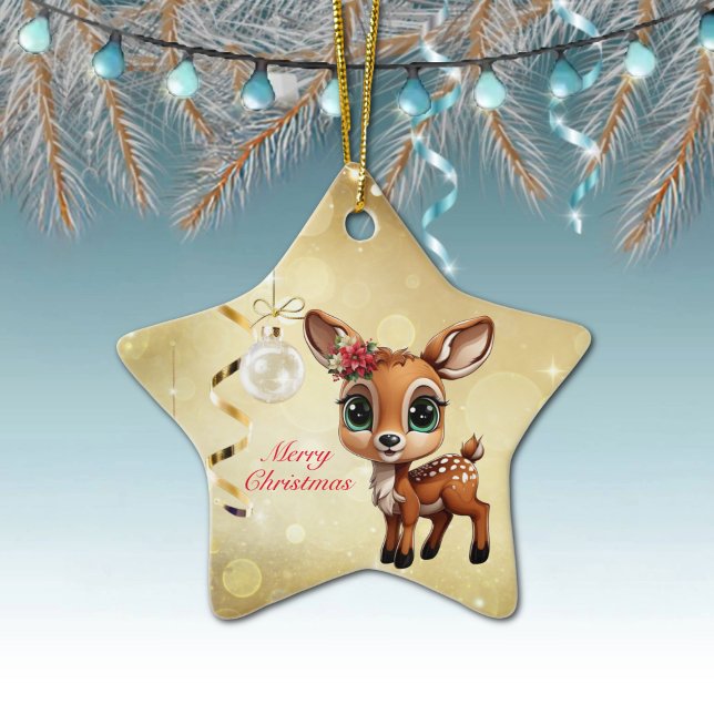 Baby Hjort, Fawn, Doe 🦌 🎄 Guld God jul Julgransprydnad Keramik (Customizable Reindeer Decor Xmas Fawn Holiday Doe Animal Merry Christmas 
Gold Star Ornament 🦌🎄)