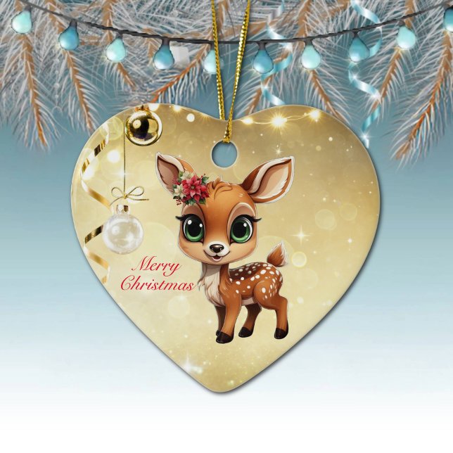 Baby Hjort, Fawn, Doe 🦌 🎄 Guld God jul Julgransprydnad Keramik (Baby Deer, Floral Fawn, Cute Doe Poinsettia Flower Merry Christmas Gold Heart Ceramic Ornament 🦌🎄)