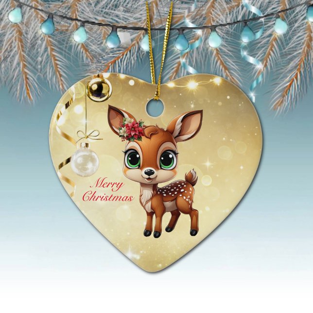 Baby Hjort, Fawn, Doe 🦌 🎄 Guld God jul Julgransprydnad Keramik (Baby Deer, Floral Fawn, Cute Doe Poinsettia Flower Merry Christmas Gold Heart Ceramic Ornament 🦌🎄)