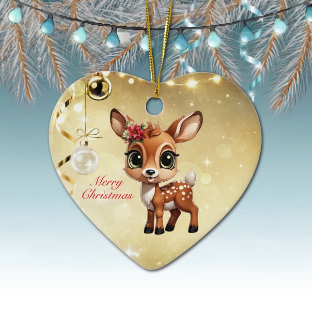 Baby Hjort, Fawn, Doe 🦌 🎄 Guld God jul Julgransprydnad Keramik (Baby Deer, Floral Fawn, Cute Doe Poinsettia Flower Merry Christmas Gold Heart Ceramic Ornament 🦌🎄)