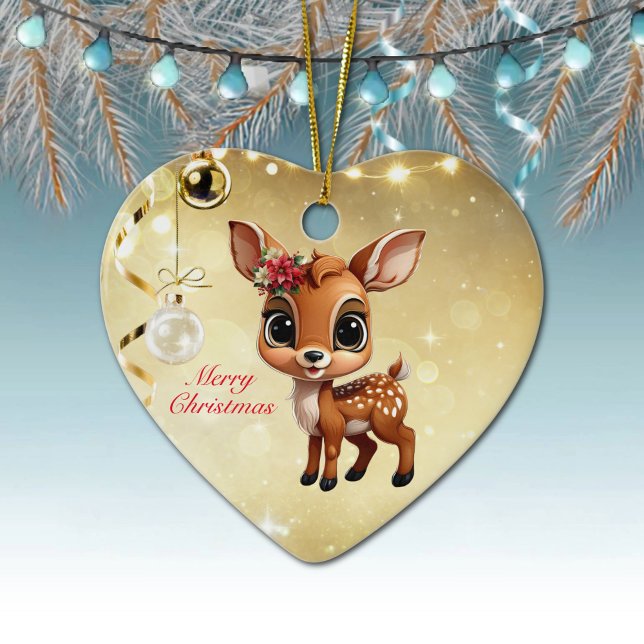 Baby Hjort, Fawn, Doe 🦌 🎄 Guld God jul Julgransprydnad Keramik (Baby Deer, Floral Fawn, Cute Doe Poinsettia Flower Merry Christmas Gold Heart Ceramic Ornament 🦌🎄)