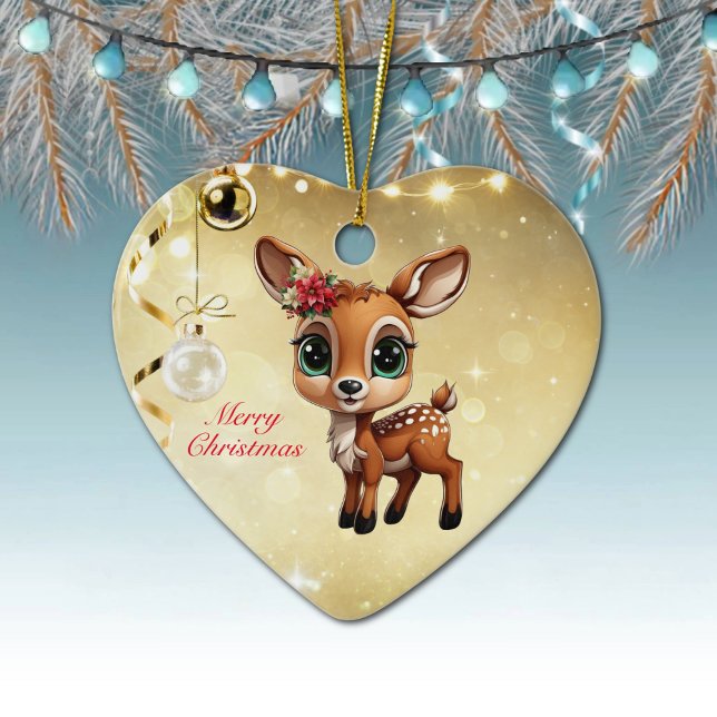 Baby Hjort, Fawn, Doe 🦌 🎄 Guld God jul Julgransprydnad Keramik (Baby Deer, Floral Fawn, Cute Doe Poinsettia Flower Merry Christmas Gold Heart Ceramic Ornament 🦌🎄)