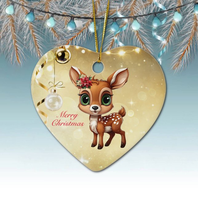 Baby Hjort, Fawn, Doe 🦌 🎄 Guld God jul Julgransprydnad Keramik (Baby Deer, Floral Fawn, Cute Doe Poinsettia Flower Merry Christmas Gold Heart Ceramic Ornament 🦌🎄)